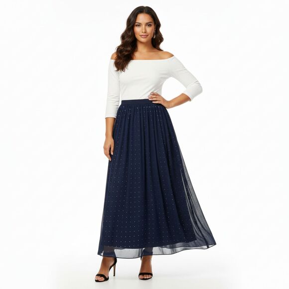 NWT DR2 by Daniel Rainn Navy Rhinestone Midi/Maxi Skirt Size Small - Picture 1 of 11